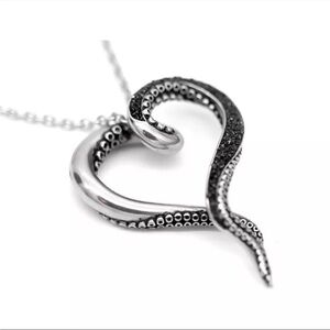 N159 OCTOPUS Shiny Black Cz OCTOPUS  Tentacle Heart Black CZ Pendant Necklace